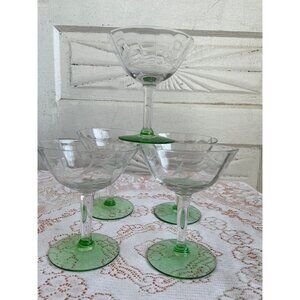 Vintage 1930s Set 5 Etched Stemware Glasses Uranium Base